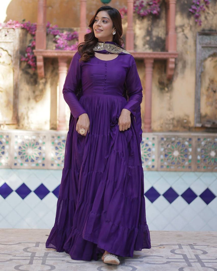 Purple Color Star Georgette Gown With Embroidered Dupatta