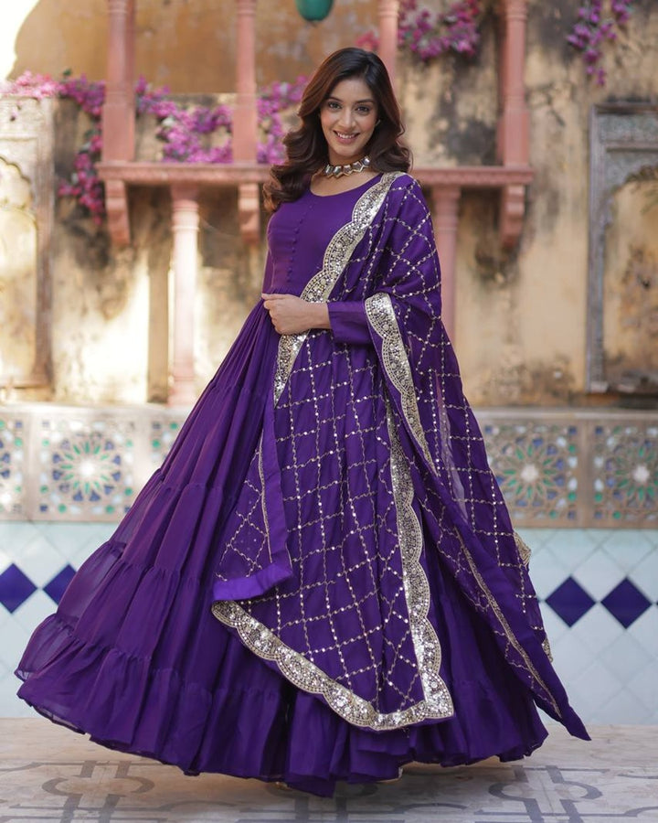 Purple Color Star Georgette Gown With Embroidered Dupatta