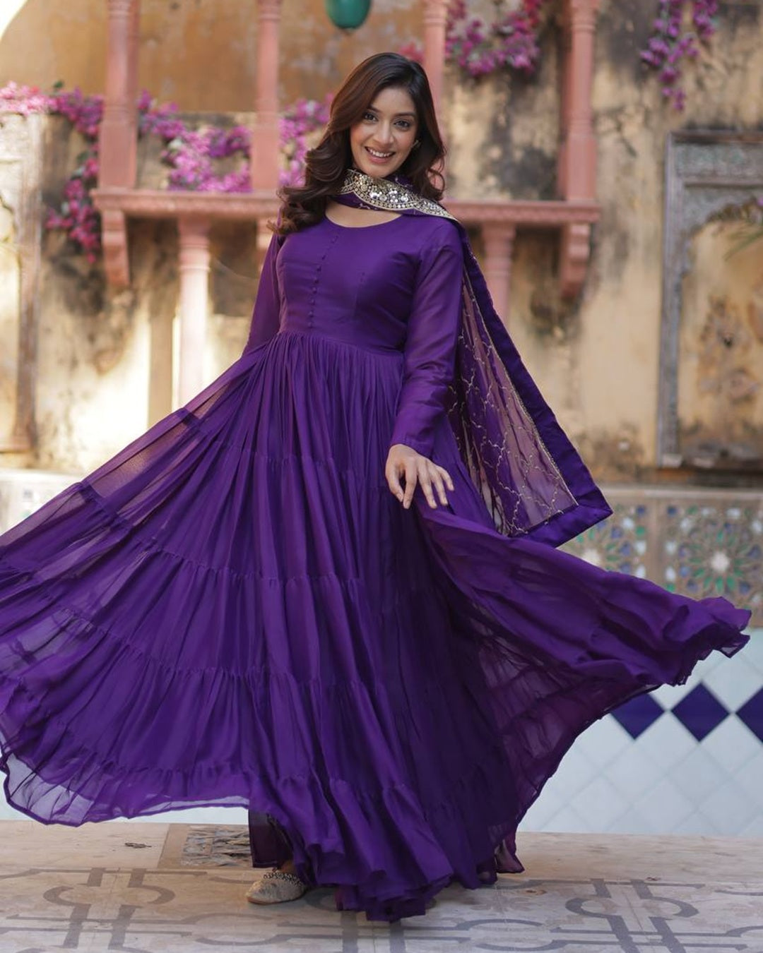 Purple Color Star Georgette Gown With Embroidered Dupatta