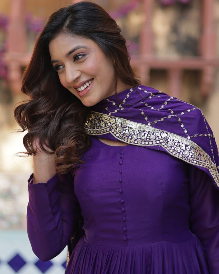 Purple Color Star Georgette Gown With Embroidered Dupatta
