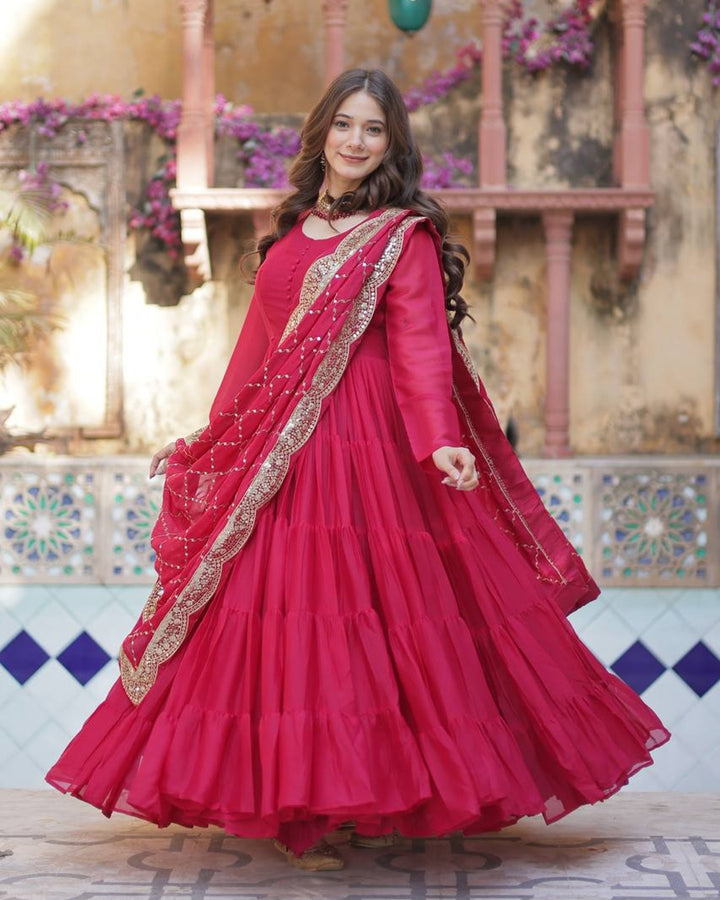 Rani Pink Color Star Georgette Gown With Embroidered Dupatta