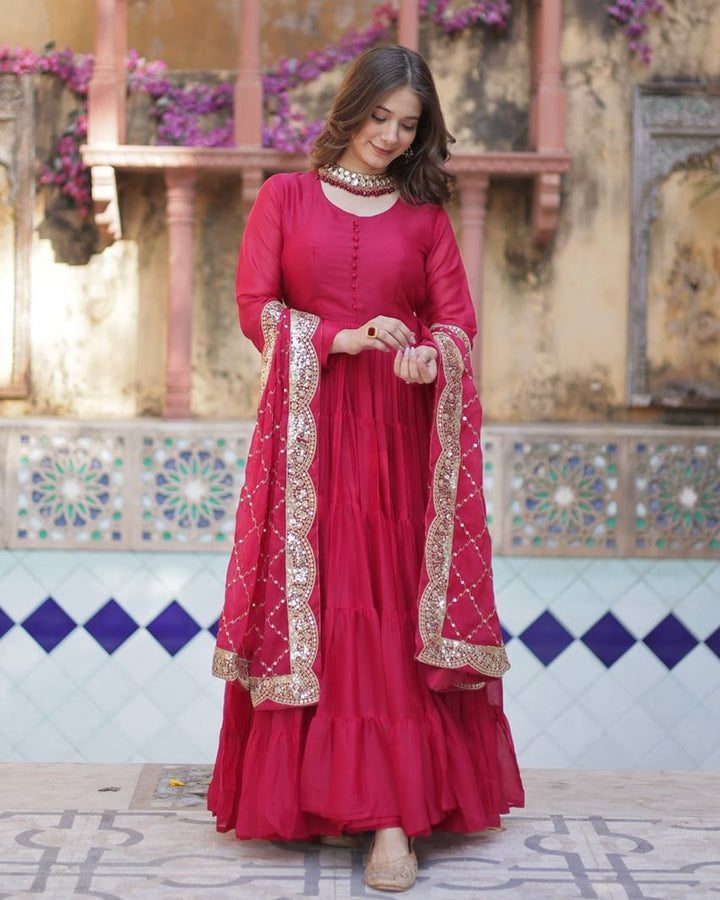 Rani Pink Color Star Georgette Gown With Embroidered Dupatta