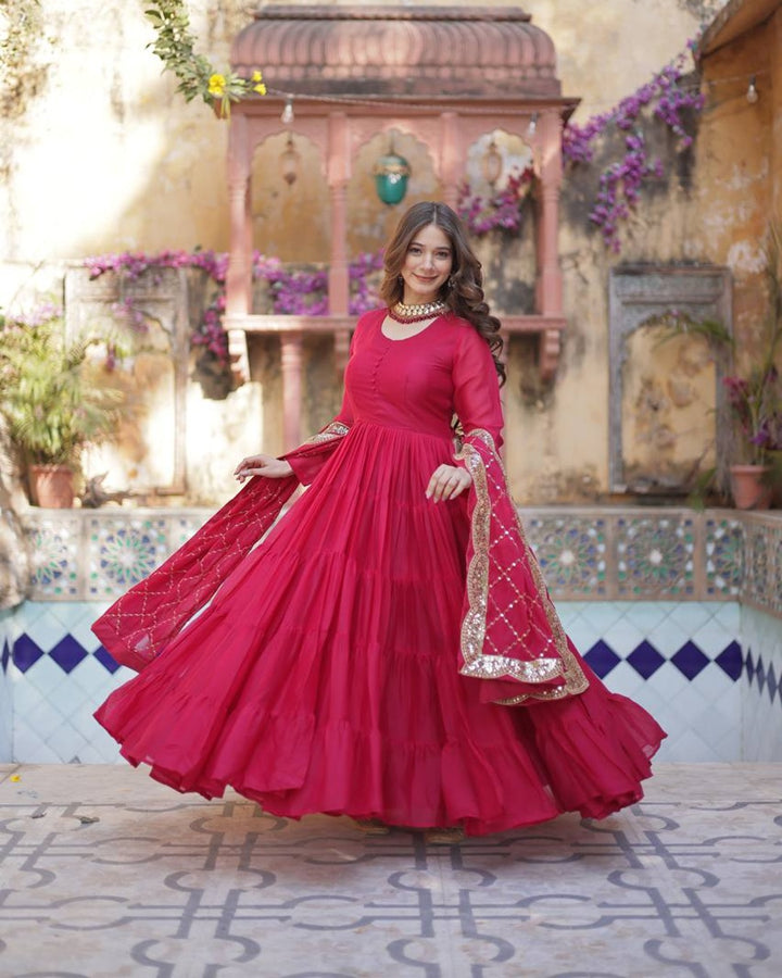 Rani Pink Color Star Georgette Gown With Embroidered Dupatta