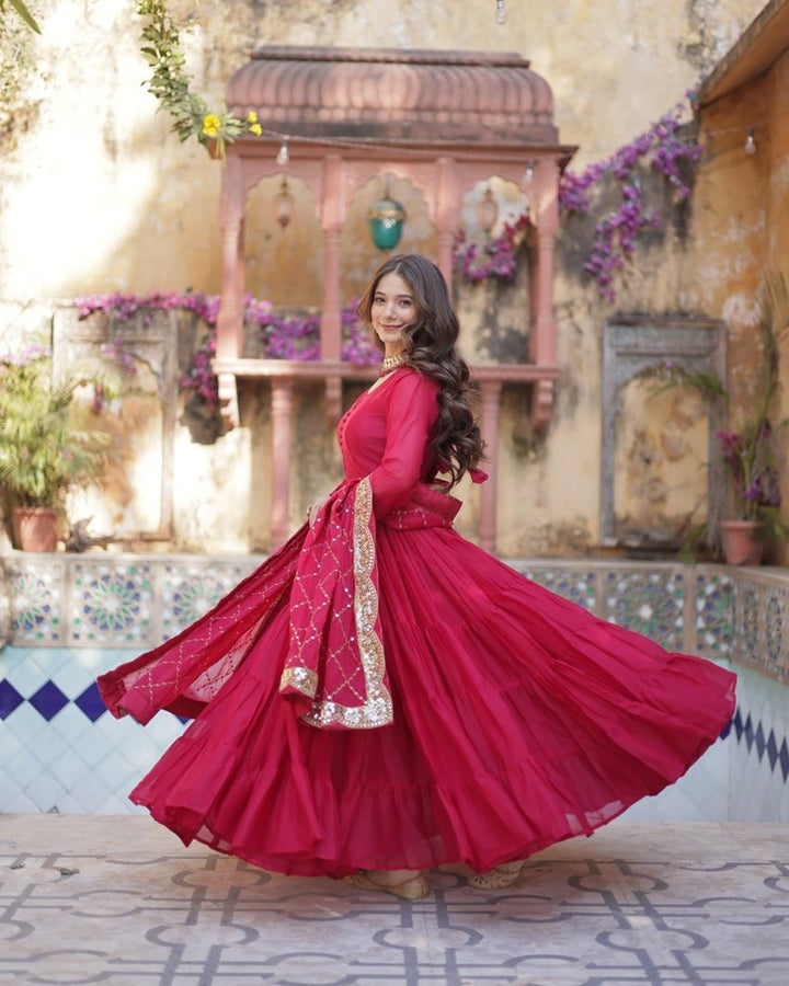 Rani Pink Color Star Georgette Gown With Embroidered Dupatta