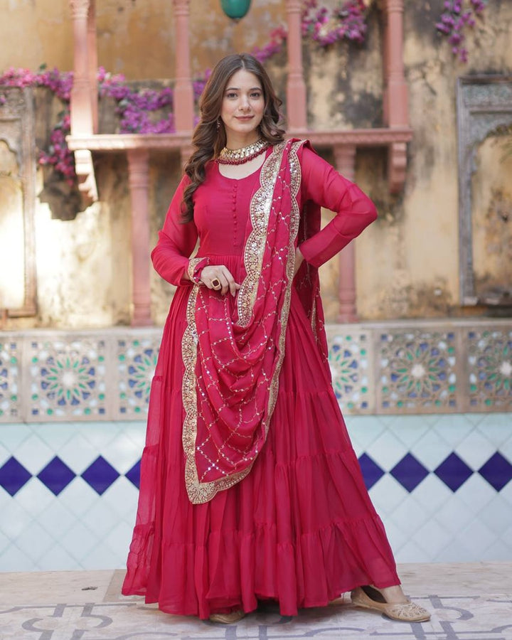 Rani Pink Color Star Georgette Gown With Embroidered Dupatta