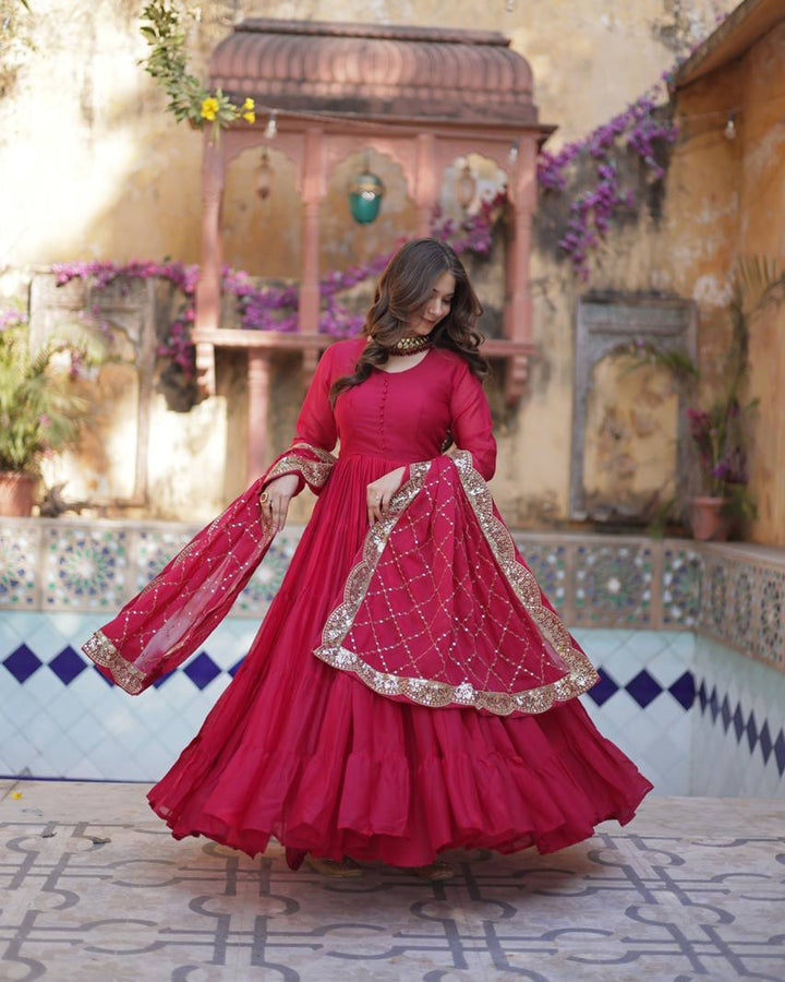 Rani Pink Color Star Georgette Gown With Embroidered Dupatta