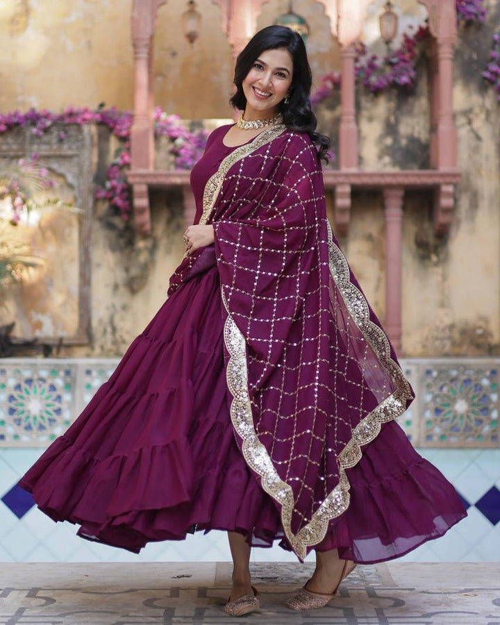 Wine Color Star Georgette Gown With Embroidered Dupatta