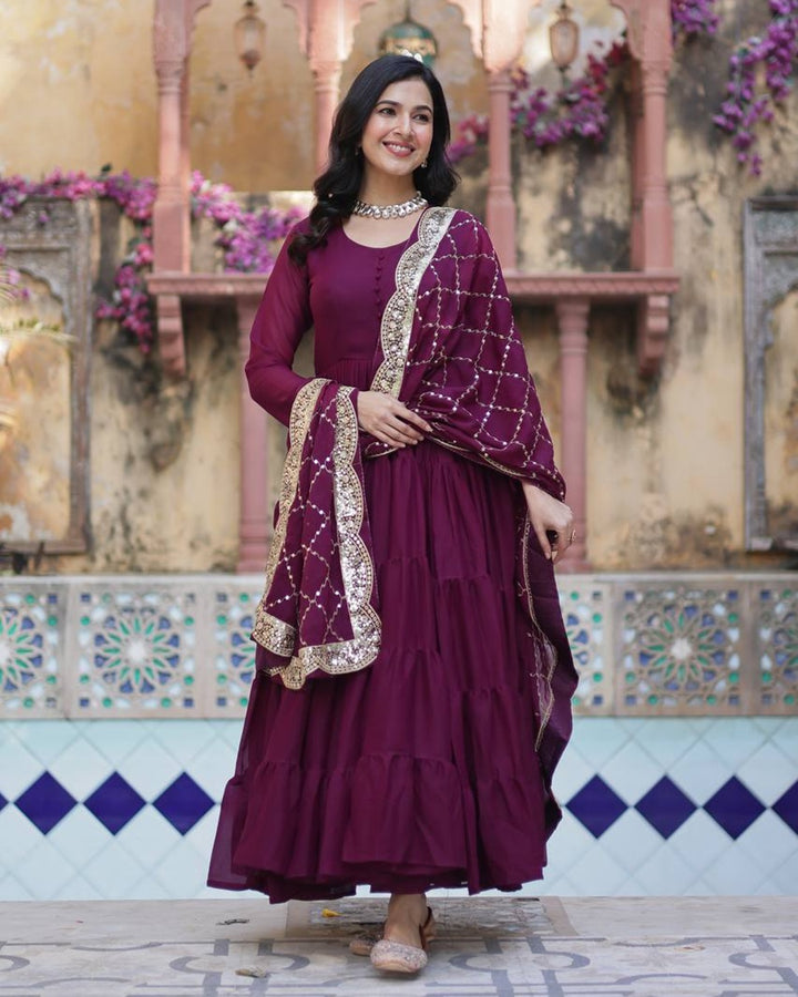 Wine Color Star Georgette Gown With Embroidered Dupatta