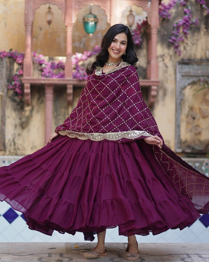 Wine Color Star Georgette Gown With Embroidered Dupatta
