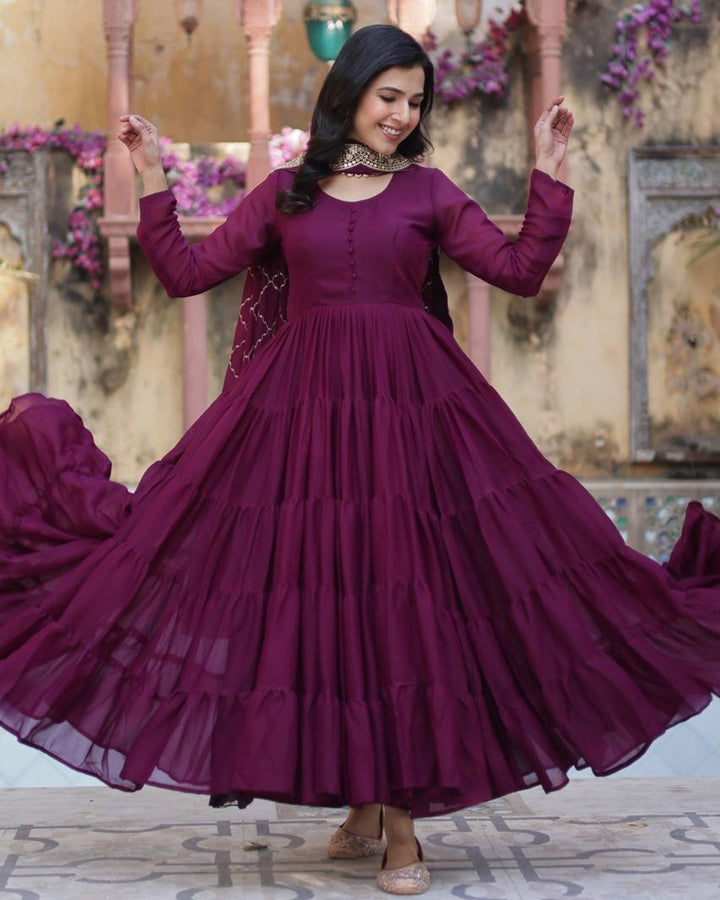 Wine Color Star Georgette Gown With Embroidered Dupatta