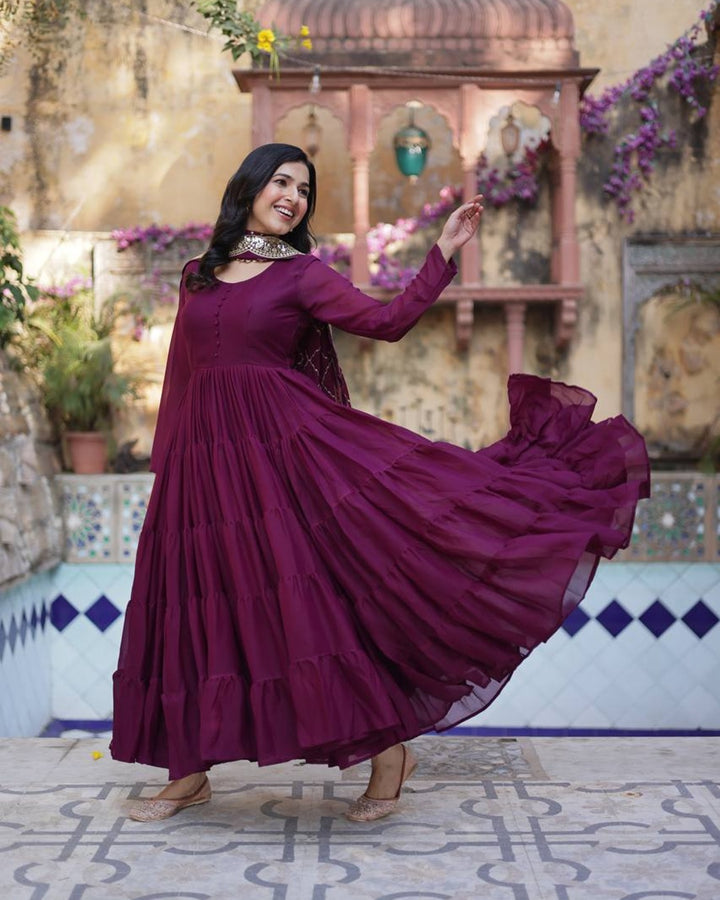 Wine Color Star Georgette Gown With Embroidered Dupatta