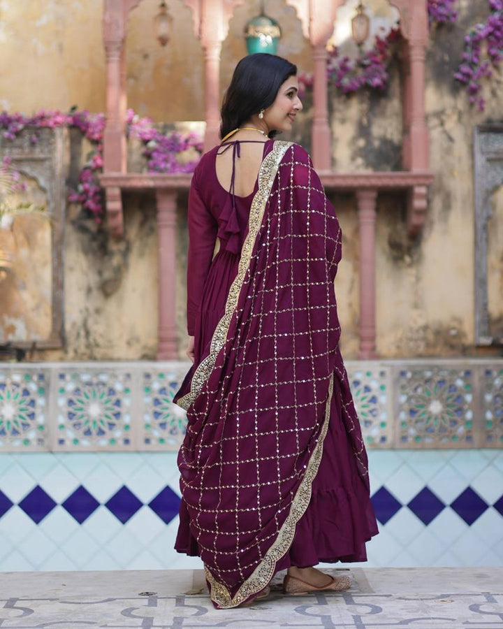 Wine Color Star Georgette Gown With Embroidered Dupatta