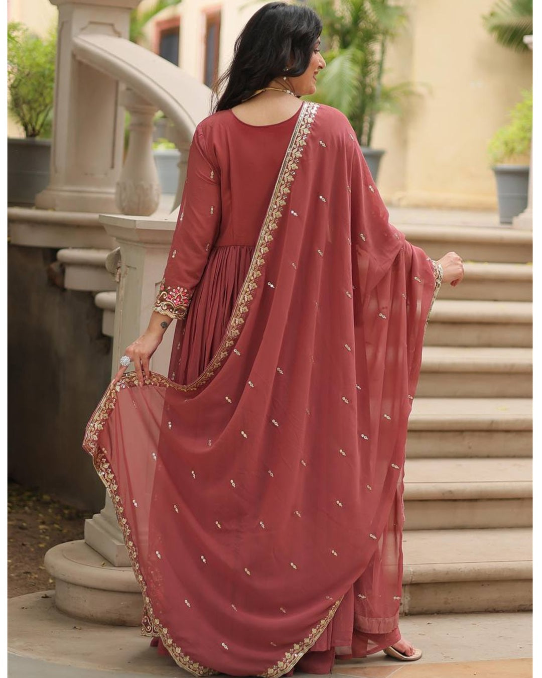 Designer Peach Color Three Piece Sharara Suit