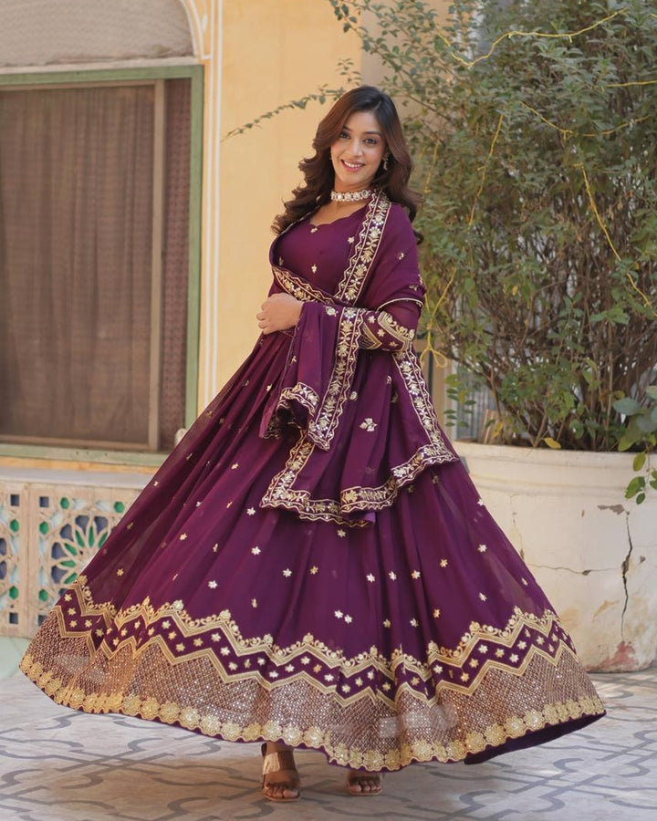 Tyrian Purple Color Faux Blooming Embroidered Gown