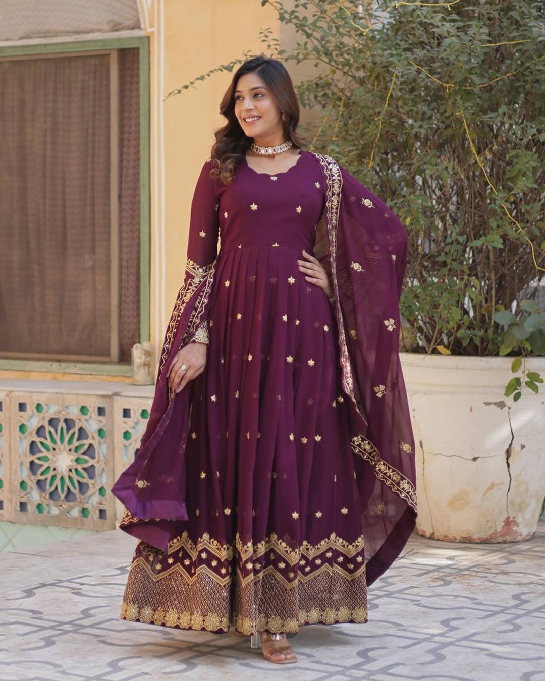 Tyrian Purple Color Faux Blooming Embroidered Gown