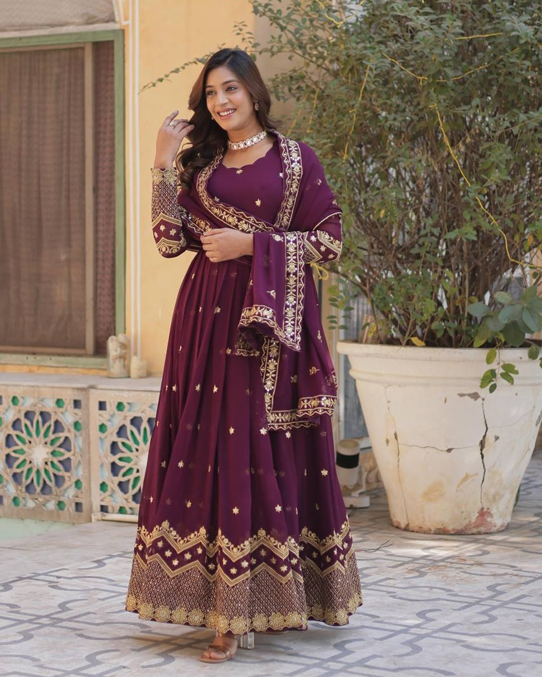Tyrian Purple Color Faux Blooming Embroidered Gown