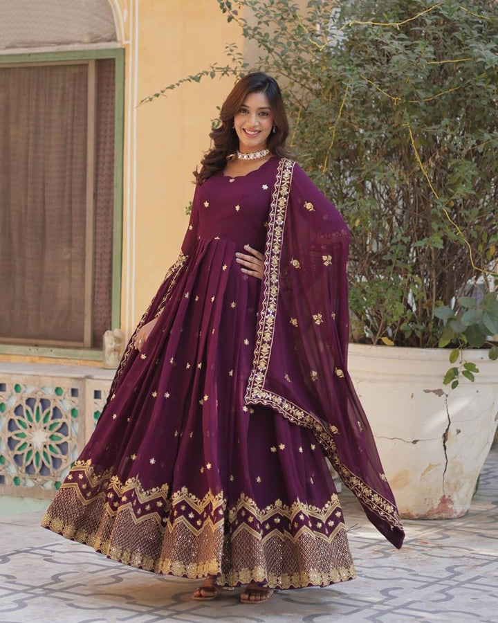 Tyrian Purple Color Faux Blooming Embroidered Gown