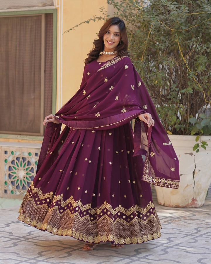 Tyrian Purple Color Faux Blooming Embroidered Gown