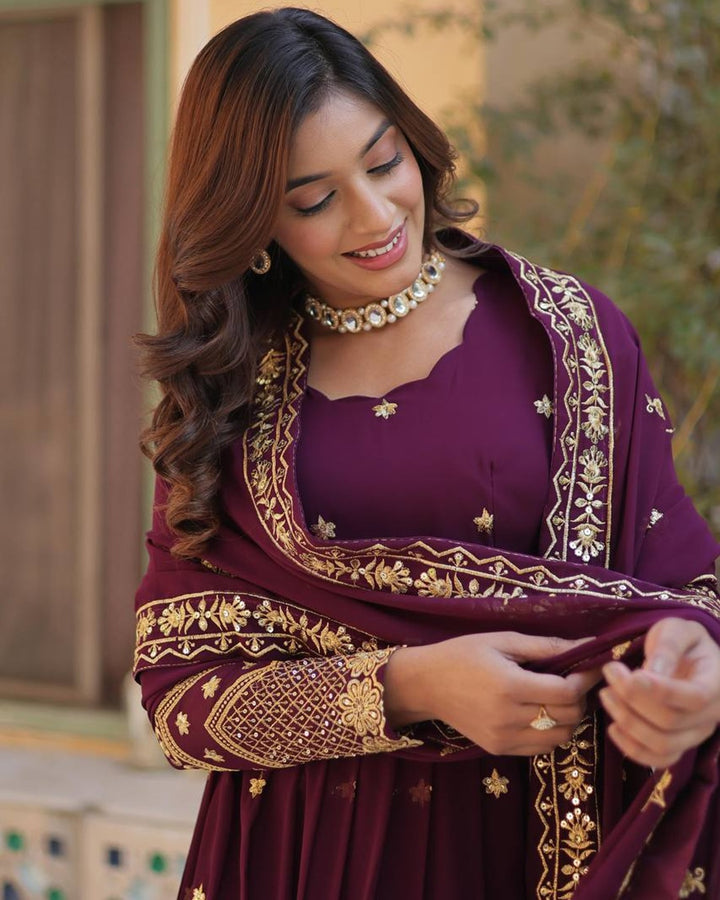Tyrian Purple Color Faux Blooming Embroidered Gown