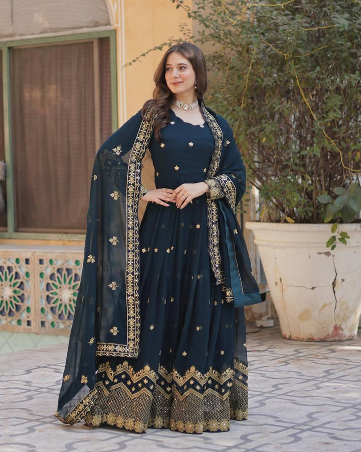 Peacock Color Faux Blooming Embroidered Gown