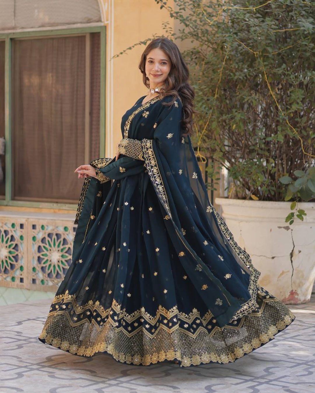 Peacock Color Faux Blooming Embroidered Gown