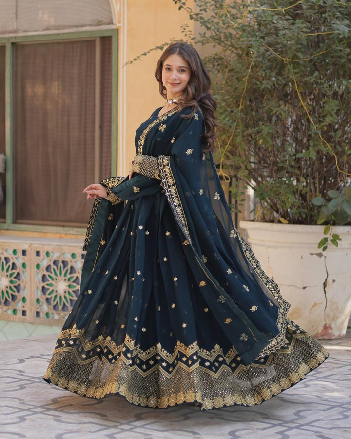 Peacock Color Faux Blooming Embroidered Gown