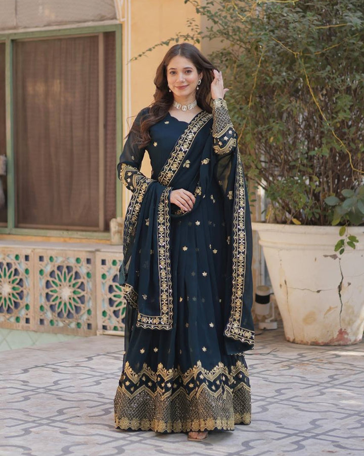 Peacock Color Faux Blooming Embroidered Gown
