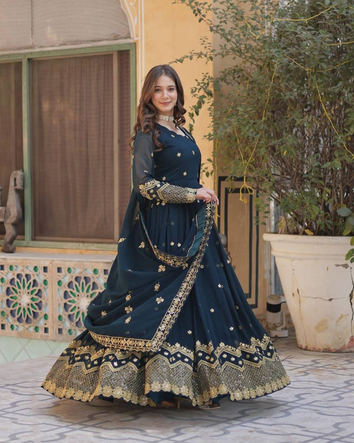 Peacock Color Faux Blooming Embroidered Gown