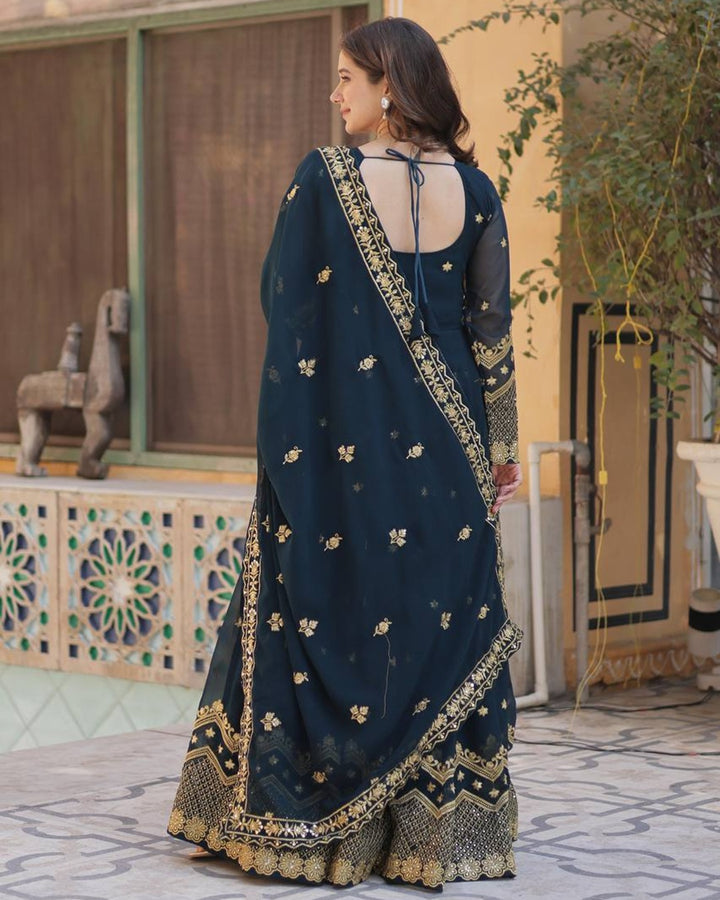 Peacock Color Faux Blooming Embroidered Gown