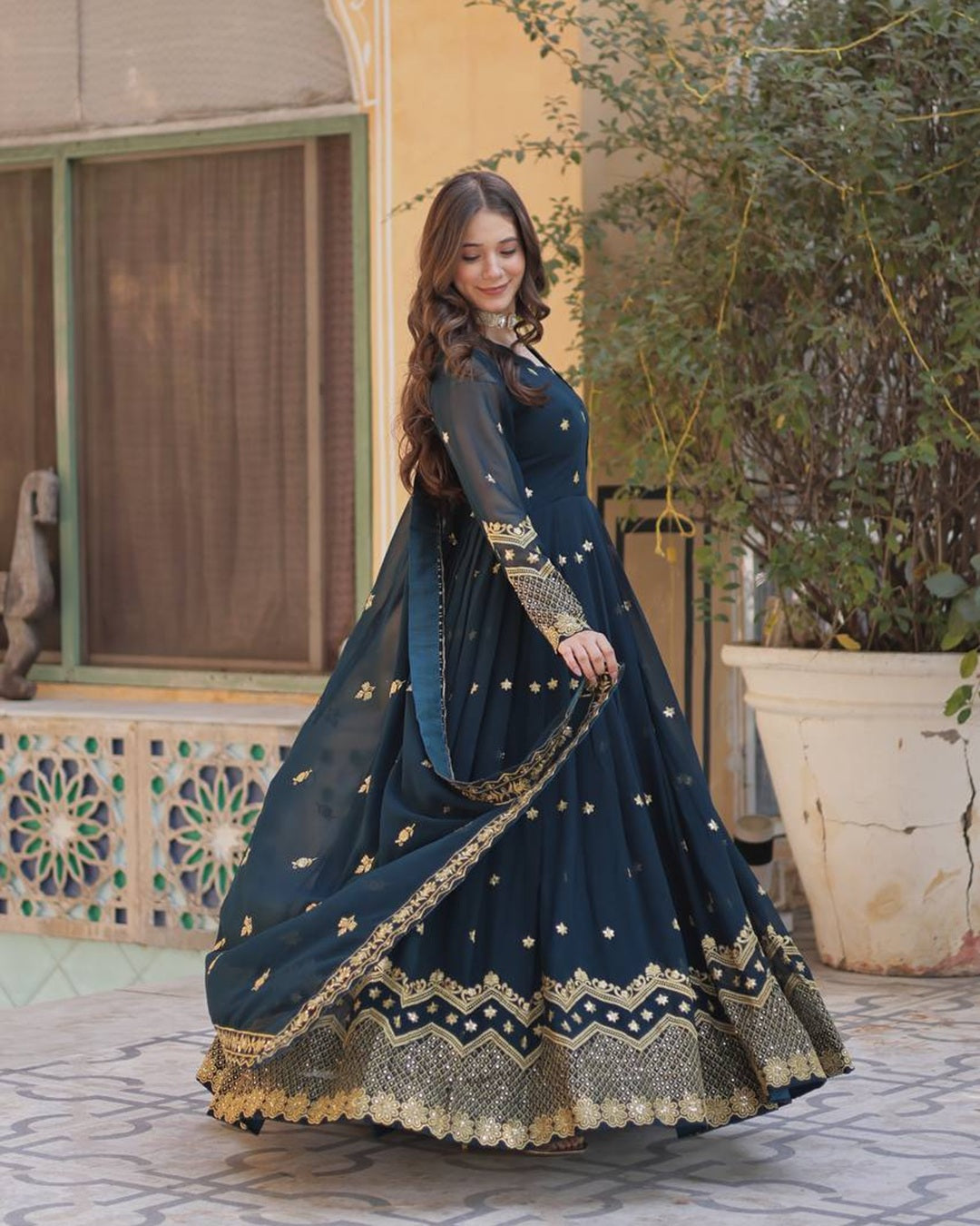 Peacock Color Faux Blooming Embroidered Gown