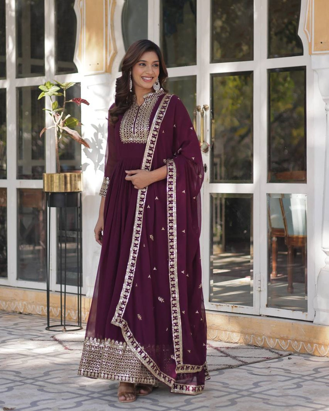 Wine Color Faux Blooming Rich Embroidered Work Gown