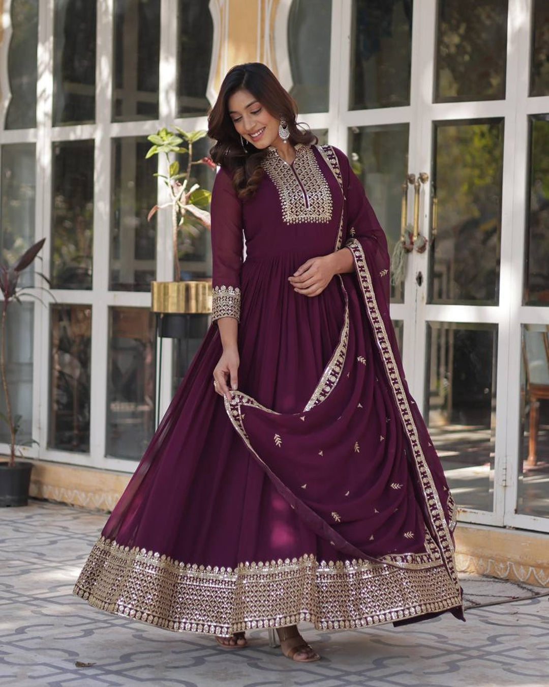 Wine Color Faux Blooming Rich Embroidered Work Gown