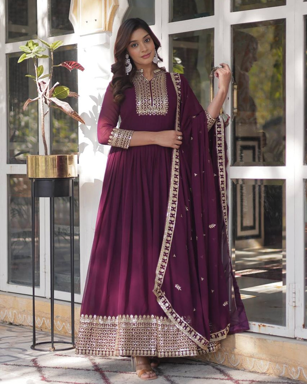 Wine Color Faux Blooming Rich Embroidered Work Gown