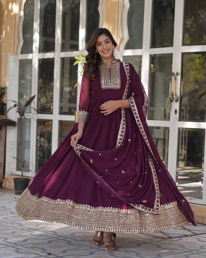 Wine Color Faux Blooming Rich Embroidered Work Gown