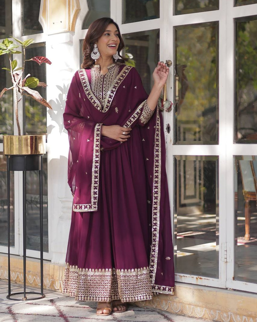 Wine Color Faux Blooming Rich Embroidered Work Gown