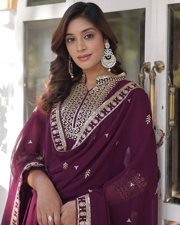 Wine Color Faux Blooming Rich Embroidered Work Gown