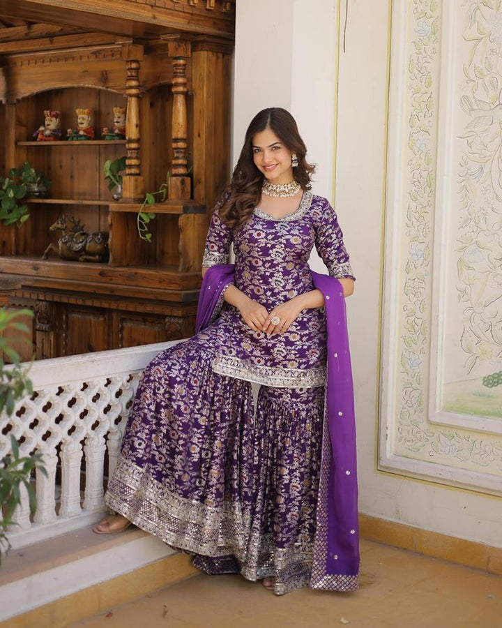 Purple Color Viscose Jacquard Three Piece Gharara Suit