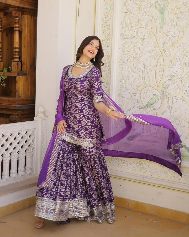 Purple Color Viscose Jacquard Three Piece Gharara Suit