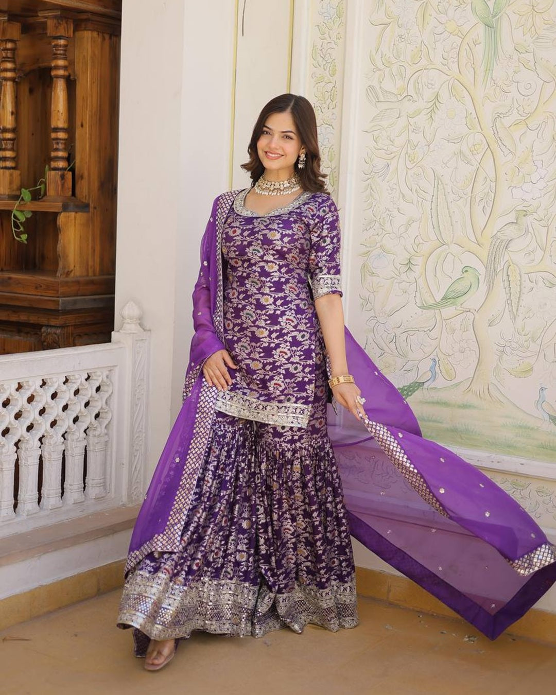 Purple Color Viscose Jacquard Three Piece Gharara Suit