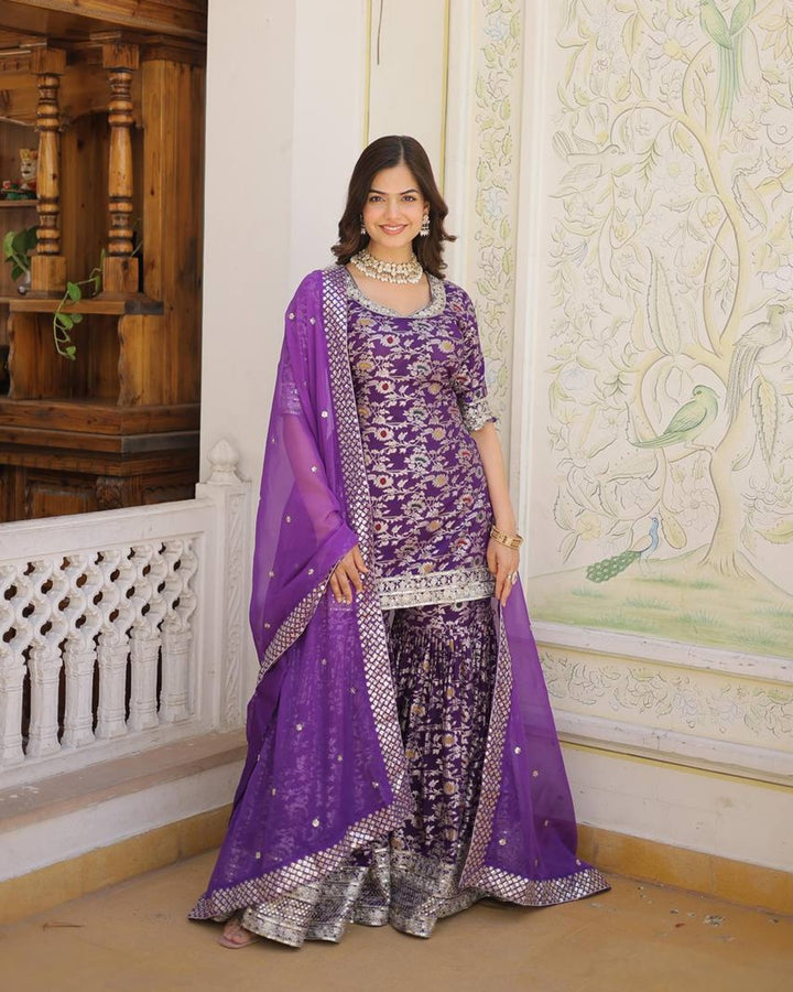 Purple Color Viscose Jacquard Three Piece Gharara Suit