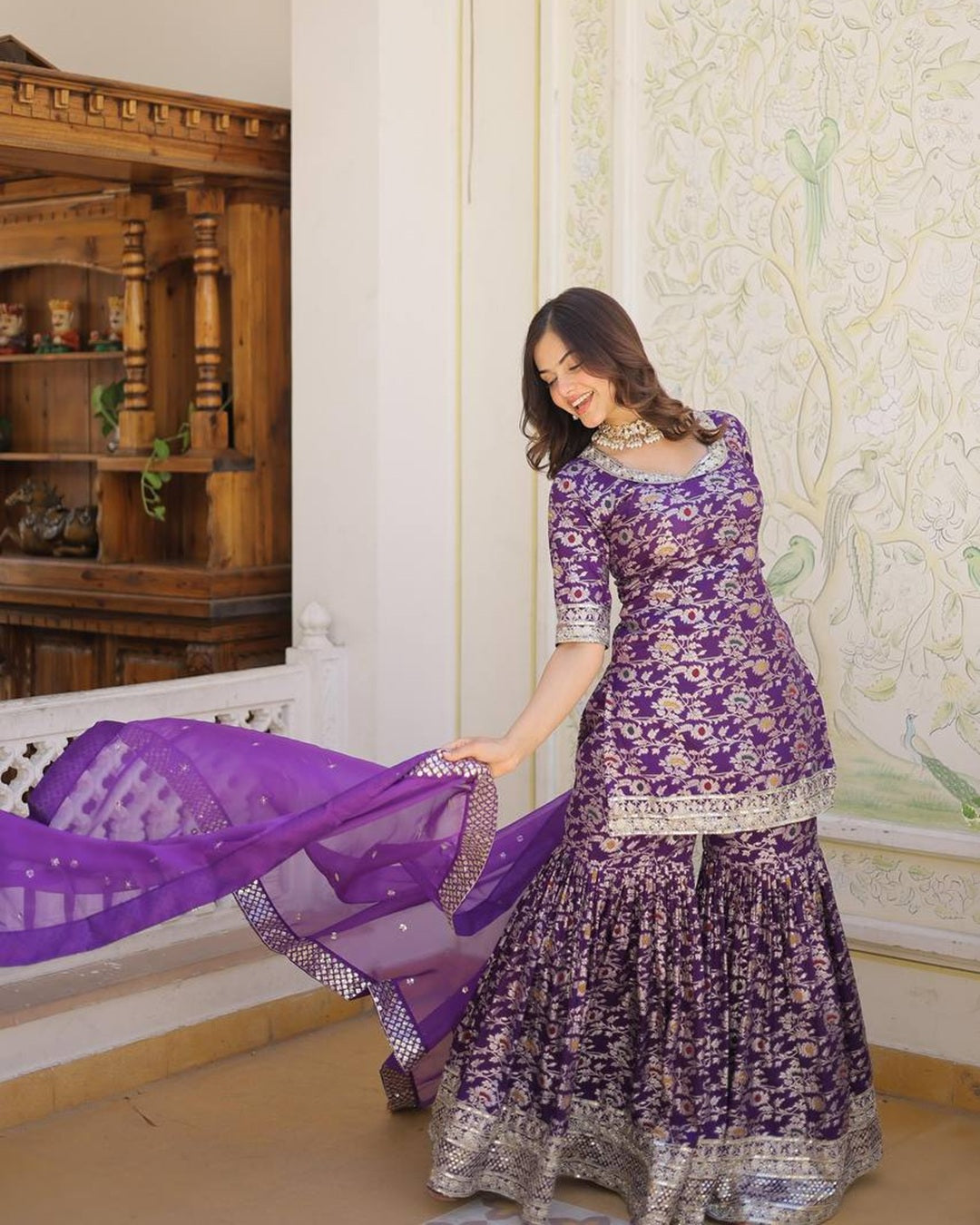 Purple Color Viscose Jacquard Three Piece Gharara Suit