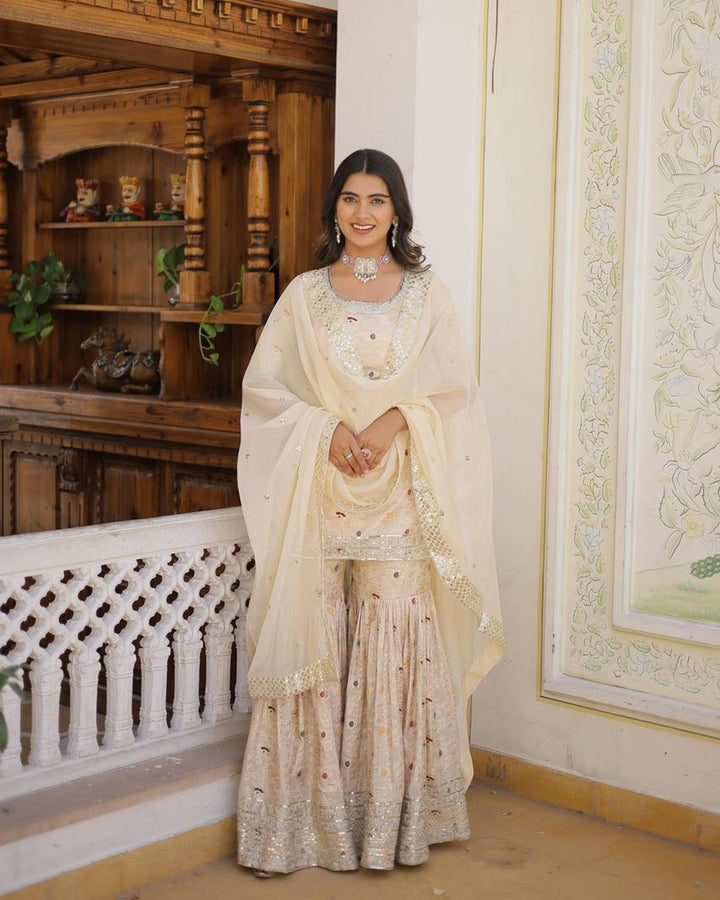 Off-White Color Viscose Jacquard Three Piece Gharara Suit