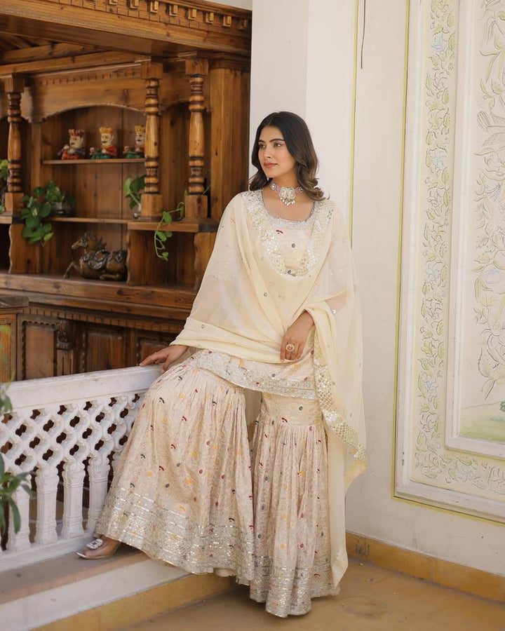 Off-White Color Viscose Jacquard Three Piece Gharara Suit