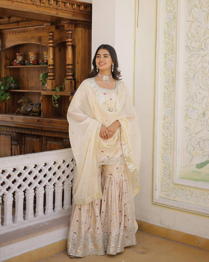 Off-White Color Viscose Jacquard Three Piece Gharara Suit