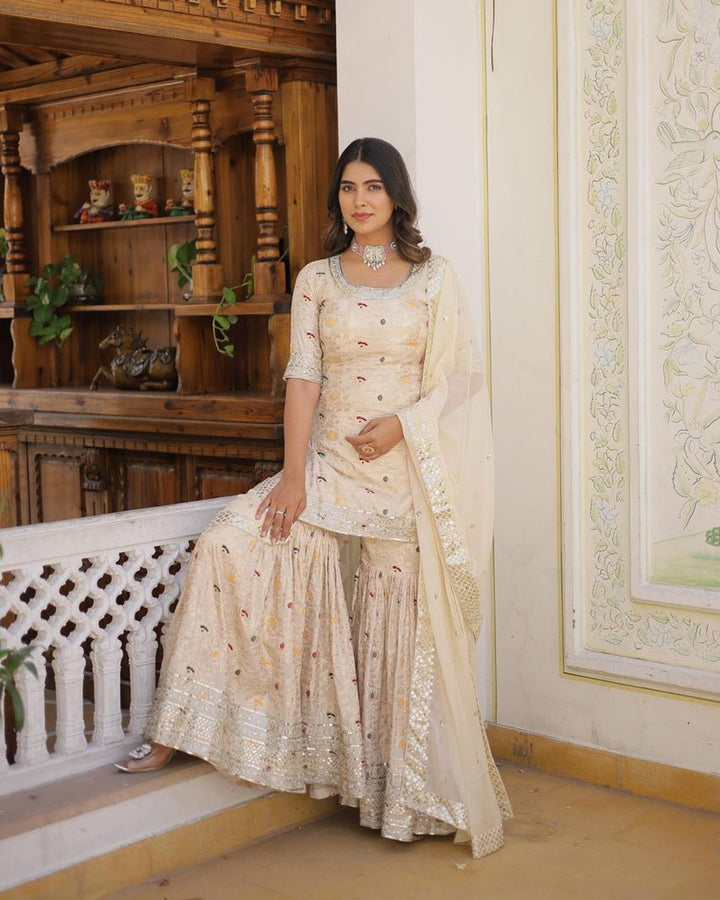 Off-White Color Viscose Jacquard Three Piece Gharara Suit