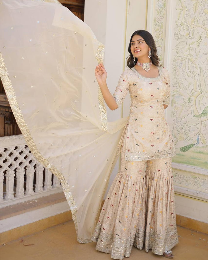 Off-White Color Viscose Jacquard Three Piece Gharara Suit