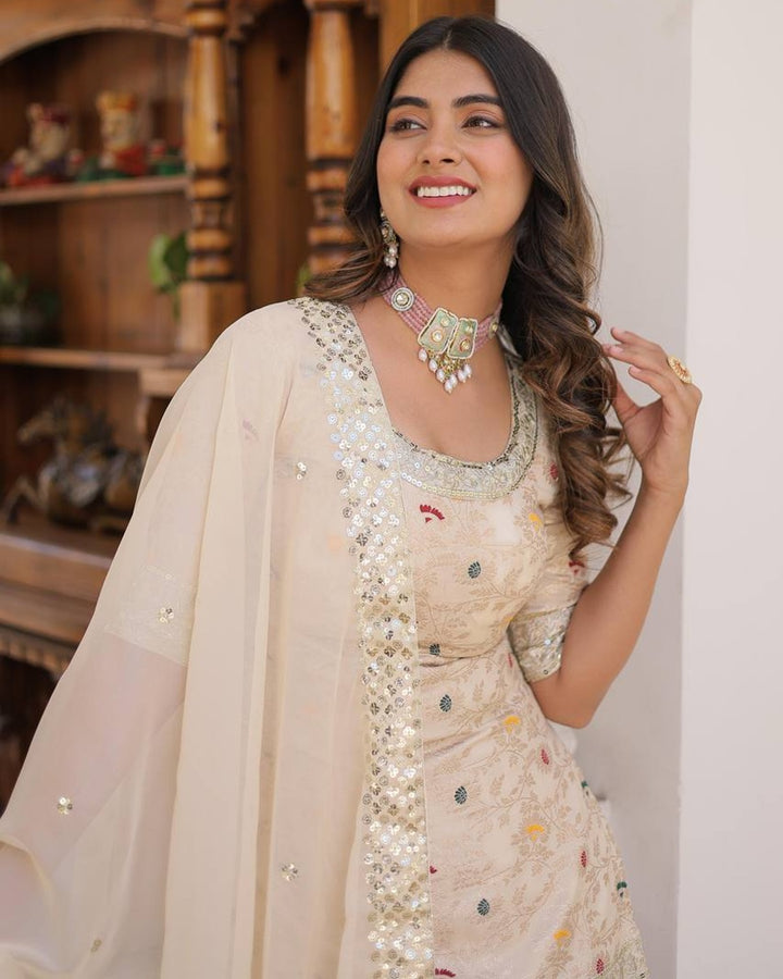 Off-White Color Viscose Jacquard Three Piece Gharara Suit
