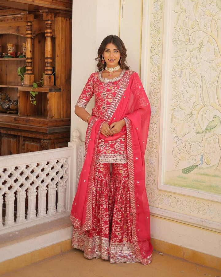 Rani Pink Color Viscose Jacquard Three Piece Gharara Suit