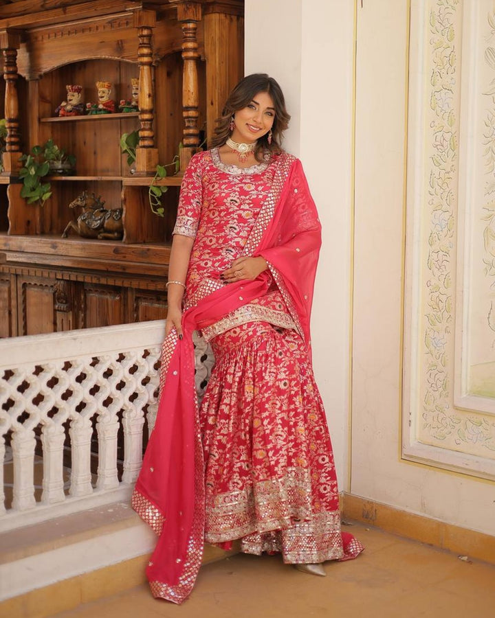 Rani Pink Color Viscose Jacquard Three Piece Gharara Suit