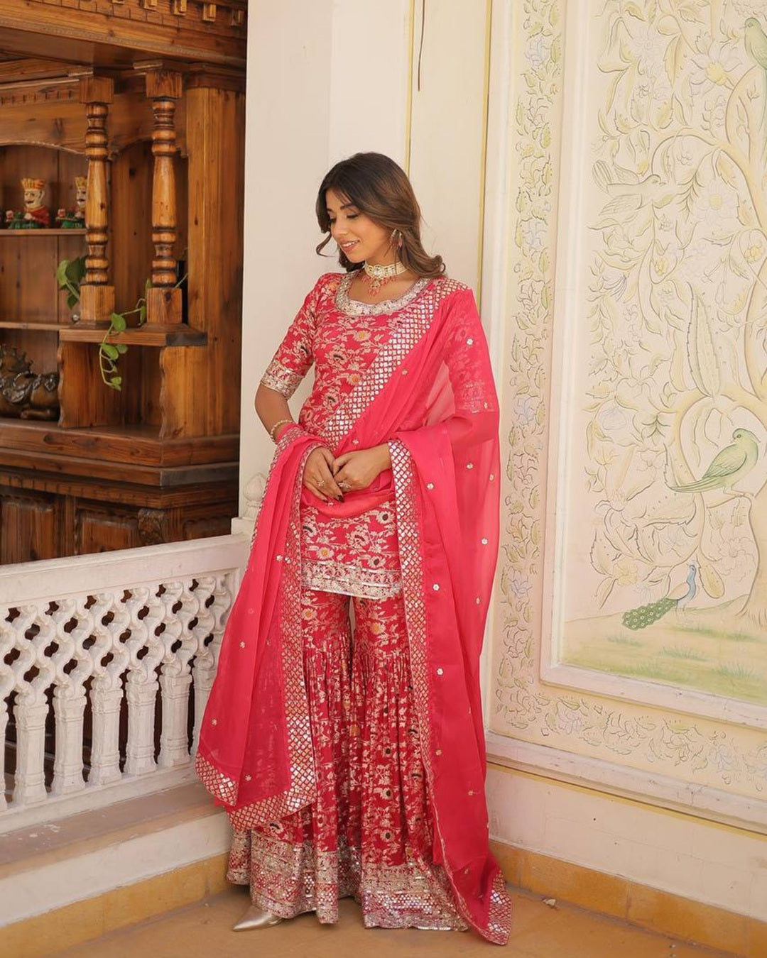 Rani Pink Color Viscose Jacquard Three Piece Gharara Suit